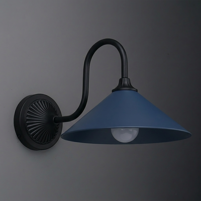 Matte black metal wall sconce with curved arm and wide blue conical shade over single bulb. - SCONCE MODEL NO. 1031