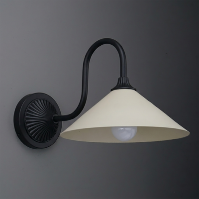 Matte black metal wall sconce with curved arm and wide cream-colored conical shade. - SCONCE MODEL NO. 1031