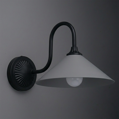 Black metal wall sconce with curved arm and wide, conical white shade housing one bulb. - SCONCE MODEL NO. 1031