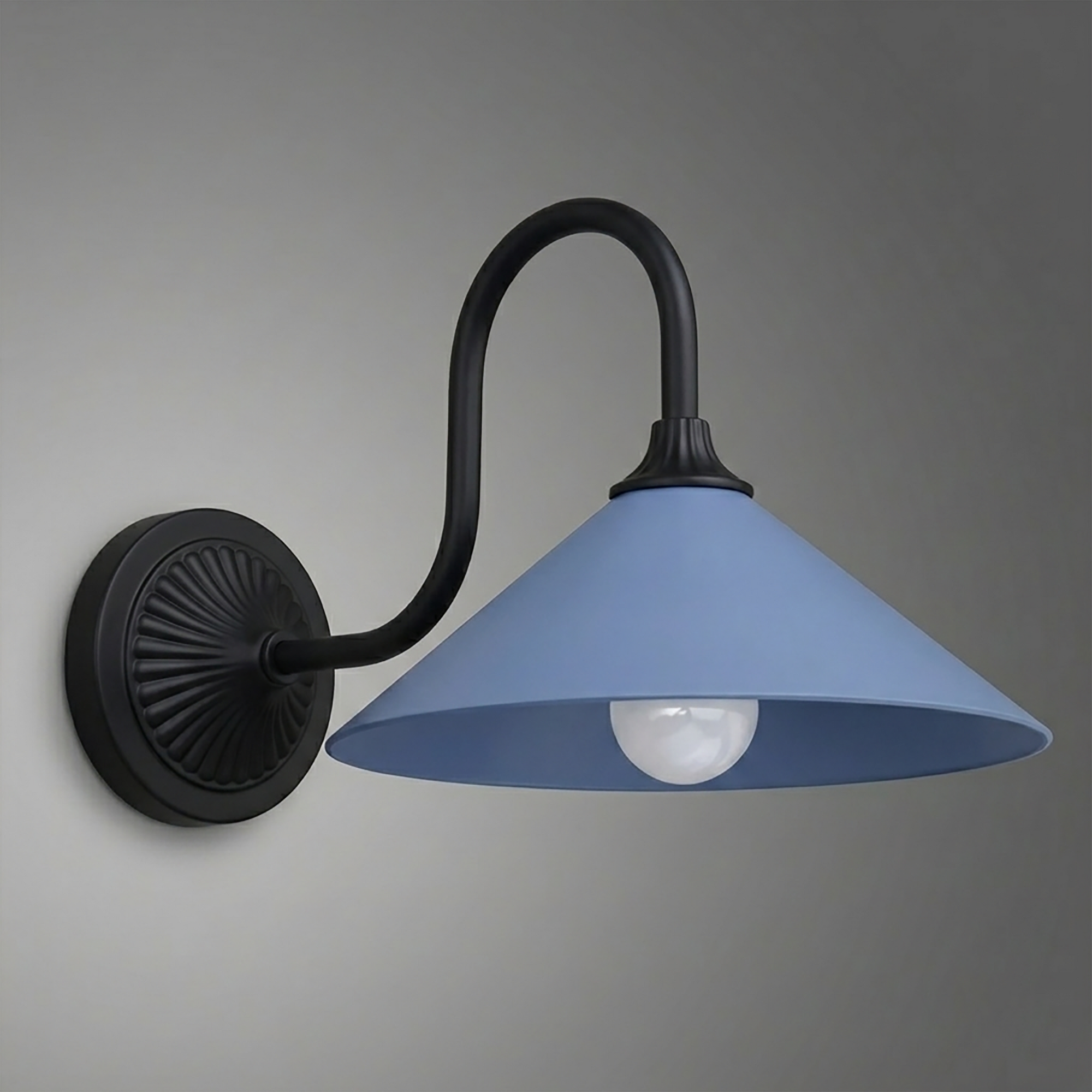 Wall-mounted black metal sconce with curved arm and wide blue conical shade, single exposed bulb. - SCONCE MODEL NO. 1031