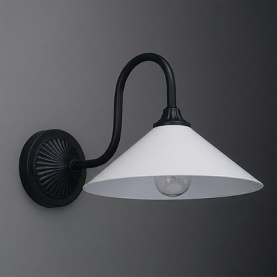 Black metal wall sconce with curved arm and wide white conical lampshade, single exposed bulb. - SCONCE MODEL NO. 1031