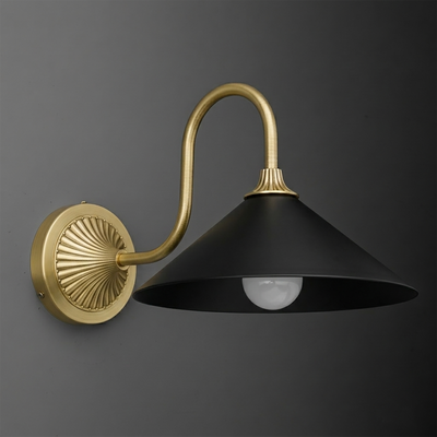 Wall sconce with matte black conical shade and curved brushed brass arm attached to round decorative brass mounting plate. - SCONCE MODEL NO. 1031