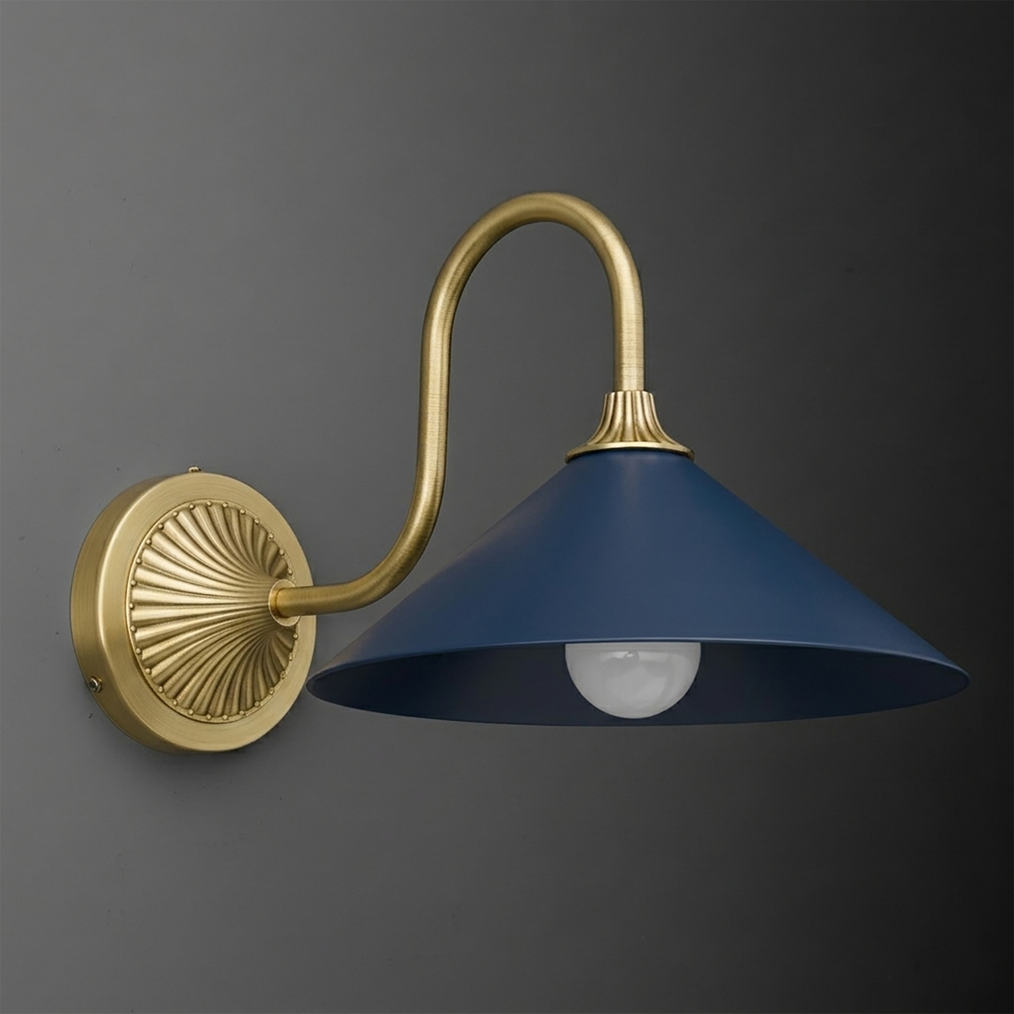 Blue metal cone shade wall sconce with curved brass arm and round decorative brass backplate. - SCONCE MODEL NO. 1031