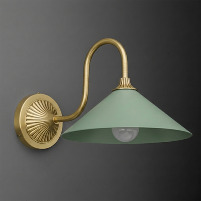 Wall-mounted sconce with a curved brass arm and round backplate, featuring a wide, matte green metal shade and a single. - SCONCE MODEL NO. 1031