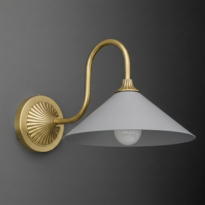 Wall sconce with a curved brass arm and a wide, white conical metal shade above a single bulb. - SCONCE MODEL NO. 1031