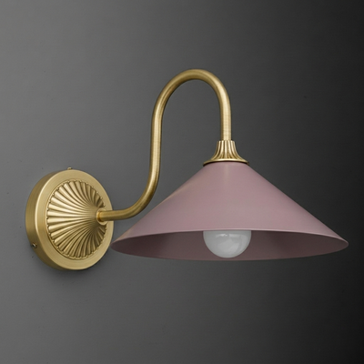 Brass wall sconce with a curved arm and wide matte pink metal shade, single bulb exposed underneath. - SCONCE MODEL NO. 1031