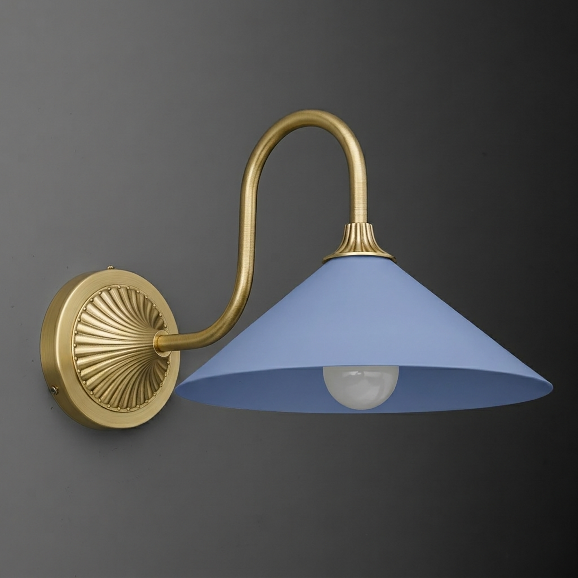 Brass wall sconce with curved arm and wide matte blue conical metal shade, single bulb. - SCONCE MODEL NO. 1031
