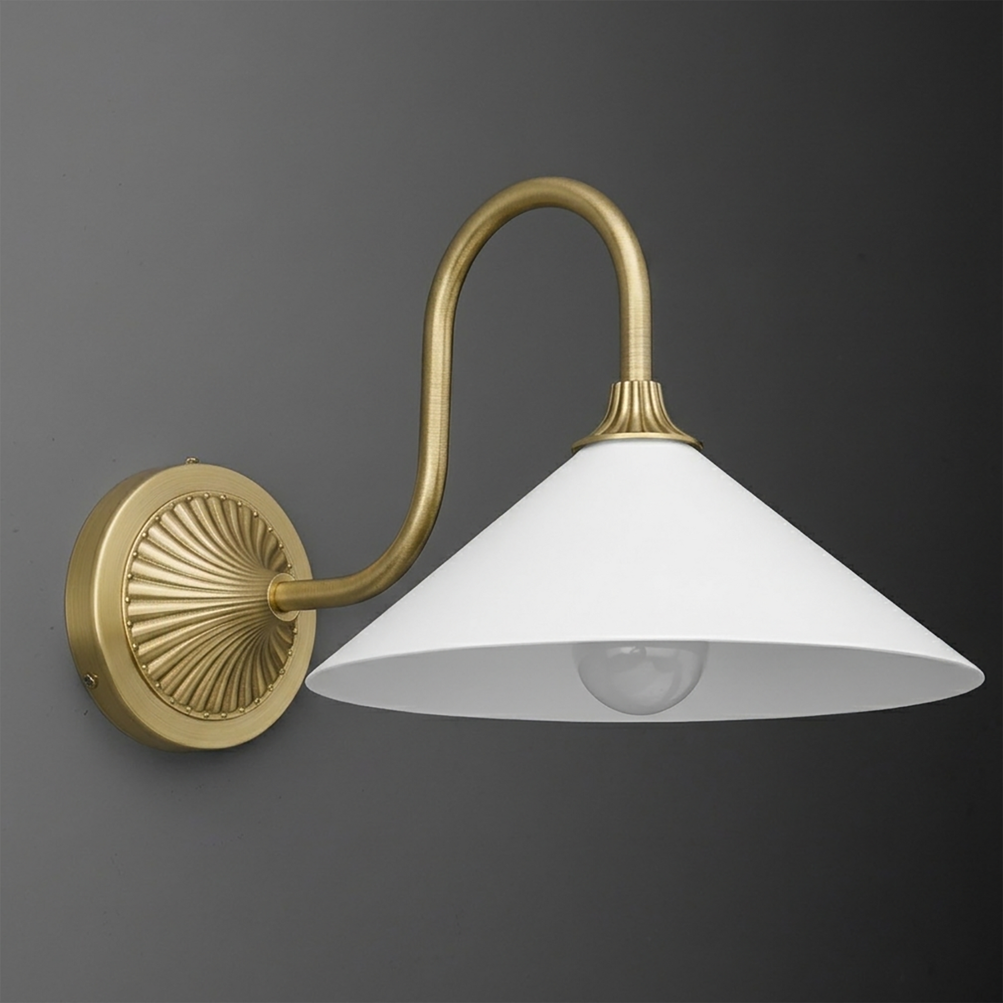 Classic wall sconce with a curved brass arm and flared white conical glass shade. - SCONCE MODEL NO. 1031