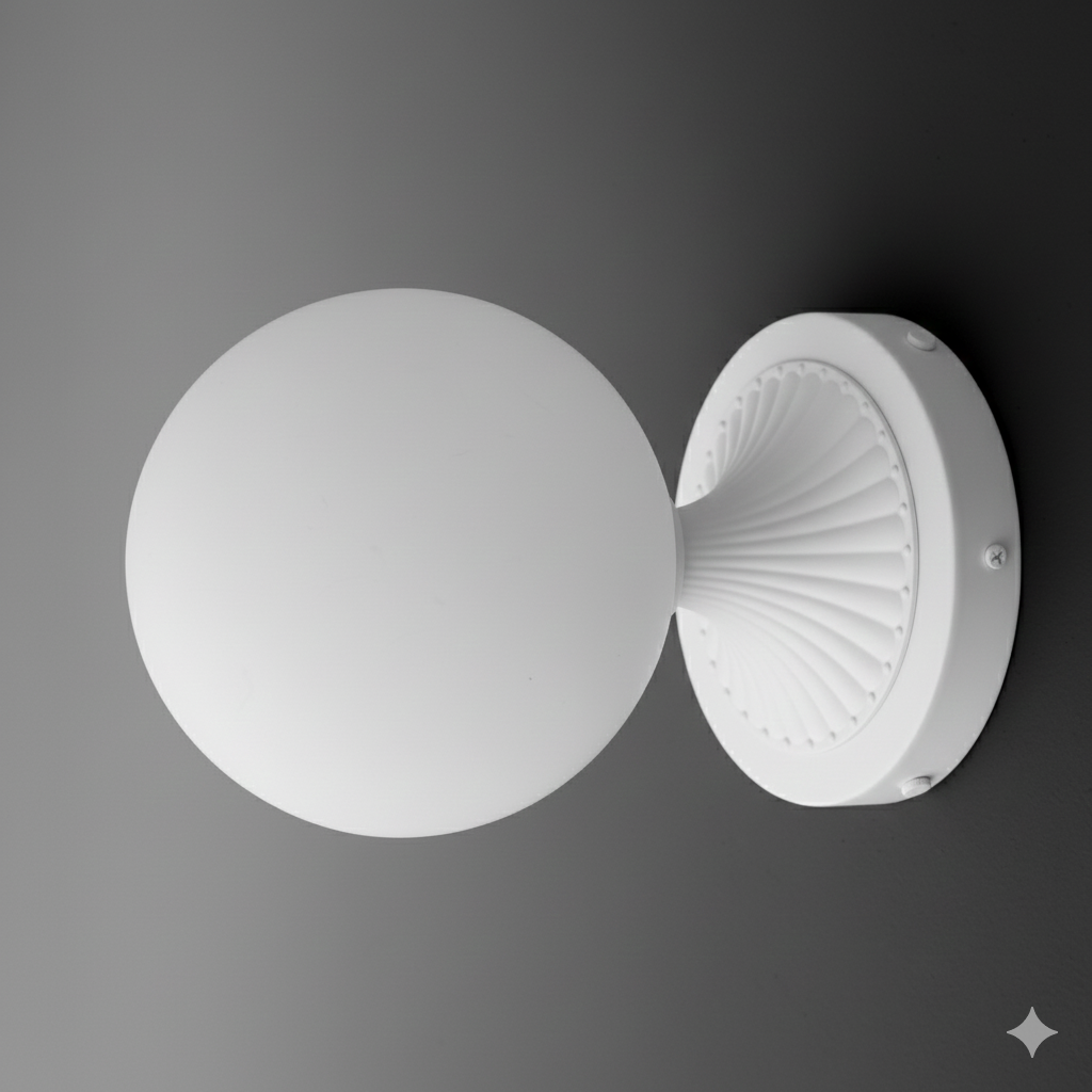 White matte glass globe sconce with a textured circular white metal base mounted on gray wall. - SCONCE MODEL NO. 5936