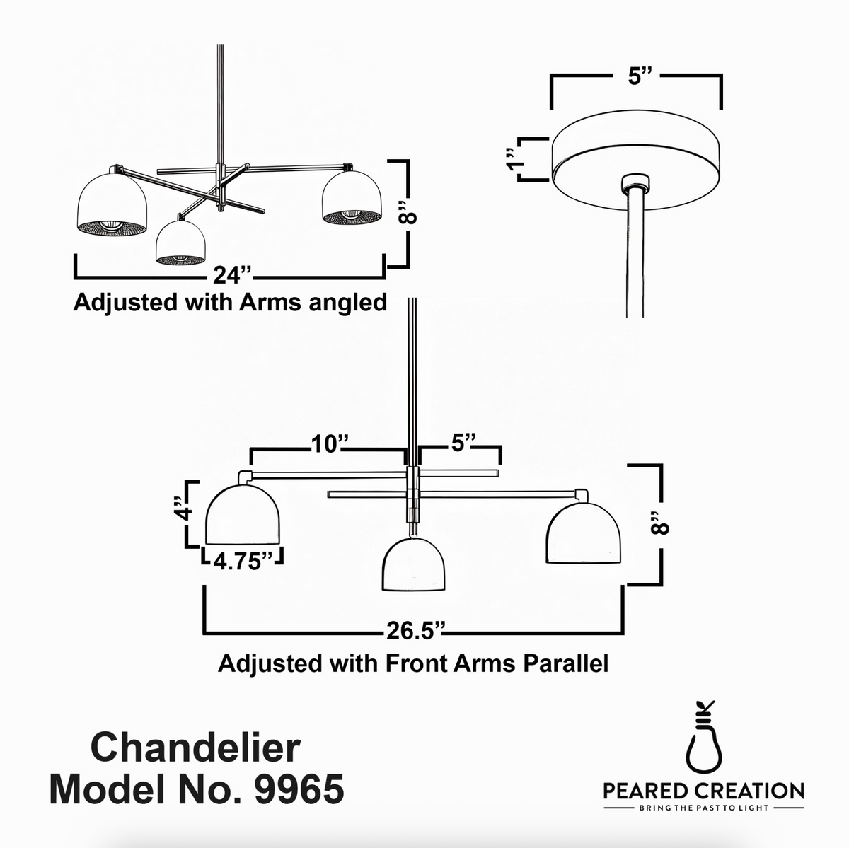 Technical line drawing of three-bulb chandelier Model No. 9965, with adjustable arms and dimension measurements. - SCONCE MODEL NO. 9965
