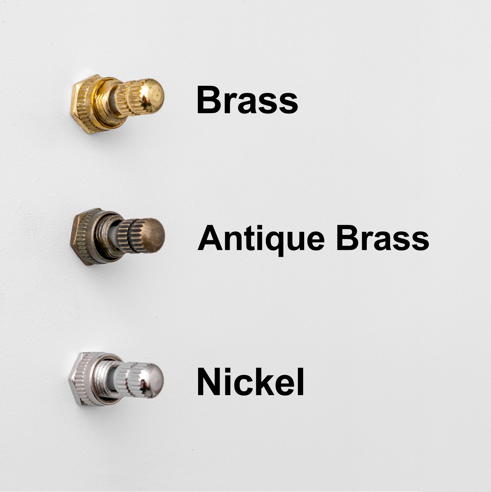 Three rotary sconce switches in brass, antique brass, and polished nickel finishes on a white background with labeled text. - Sconce Model No. 2196