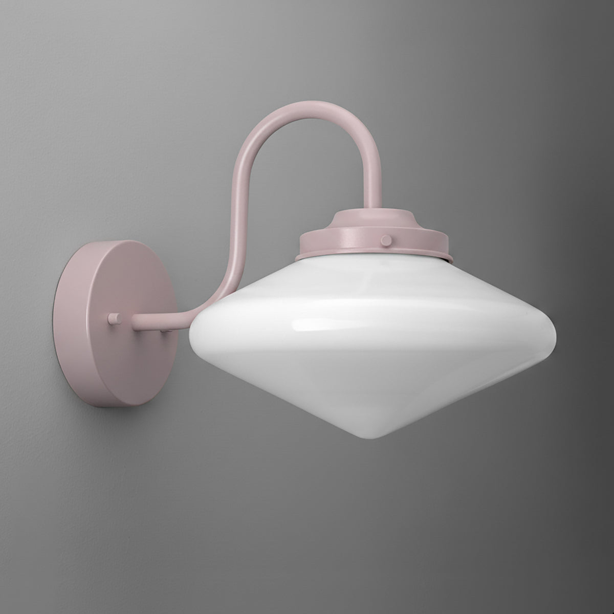 Matte pink metal wall sconce with curved arm and white glass shade in a diamond shape. - SCONCE MODEL NO. 1019