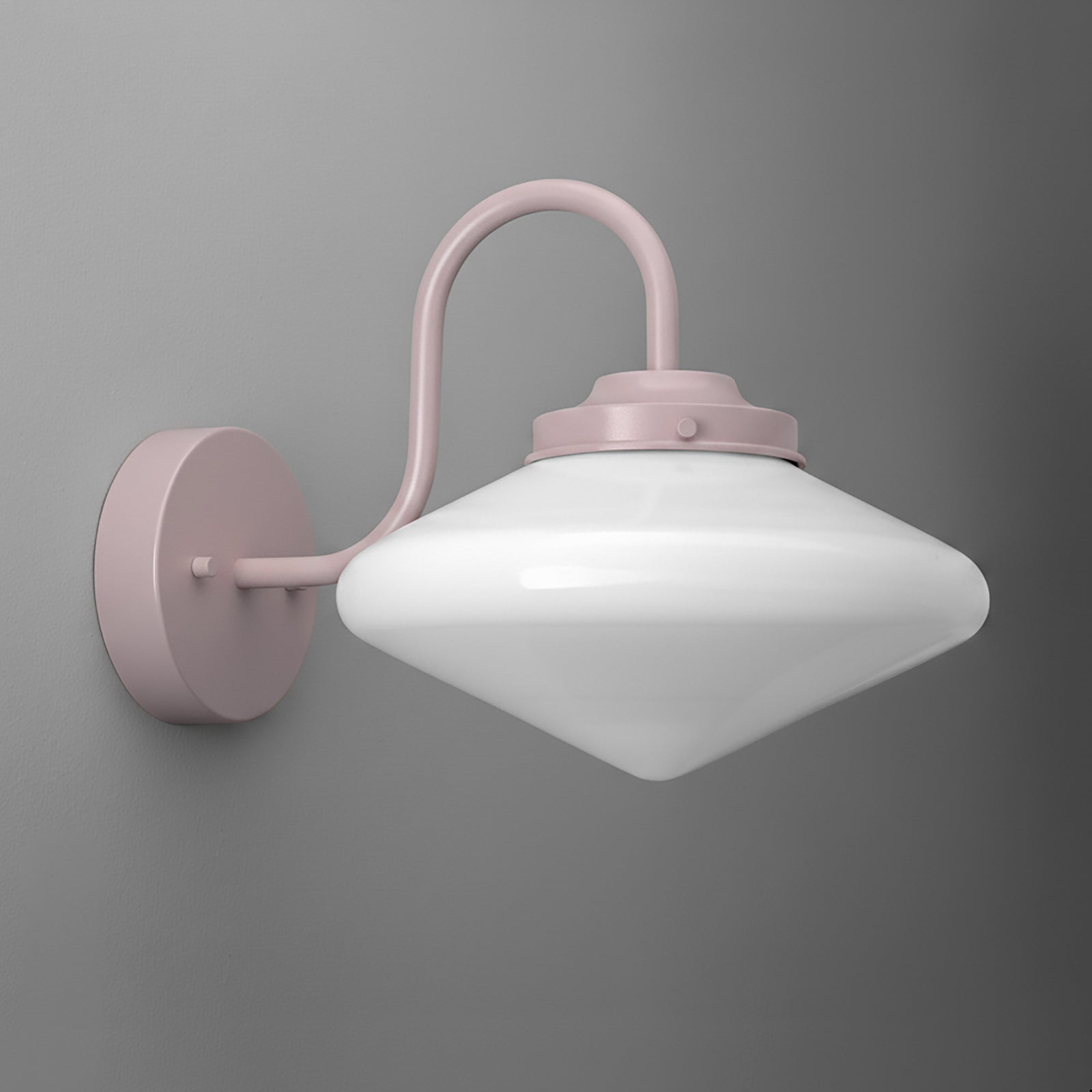 Matte pink metal wall sconce with curved arm and white glass shade in a diamond shape. - SCONCE MODEL NO. 1019