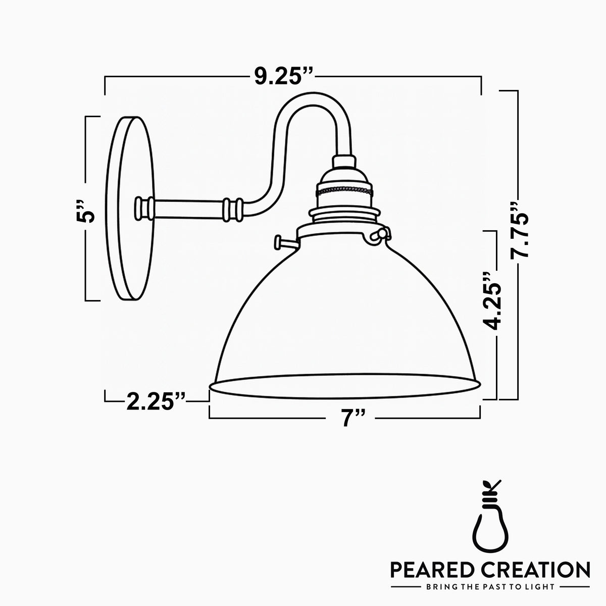 Matte black metal 1-bulb wall sconce with curved arm and dome-shaped shade, 9.25" wide, 7.75" high. - SCONCE MODEL NO. 2587