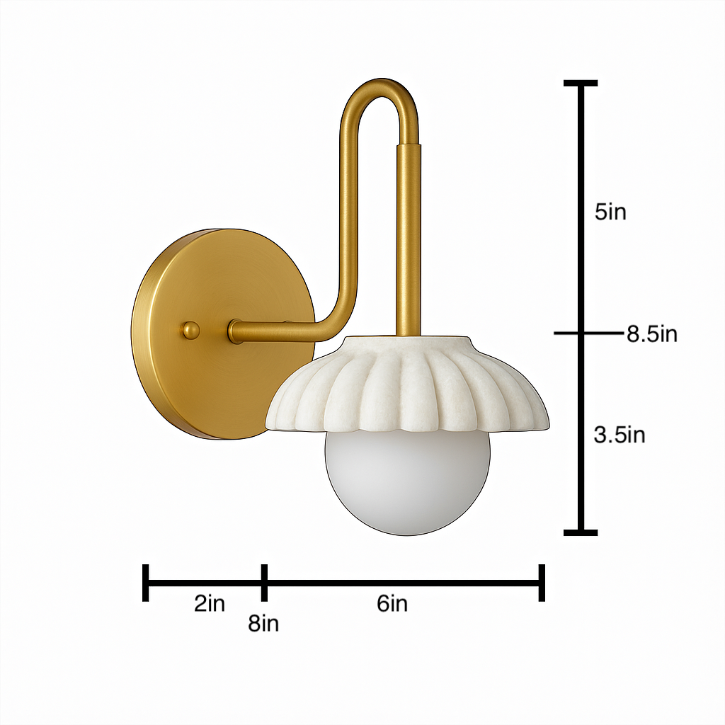 Wall sconce with gold metal arm and round base, white fluted shade, and globe bulb below. - SCONCE MODEL NO. 8633
