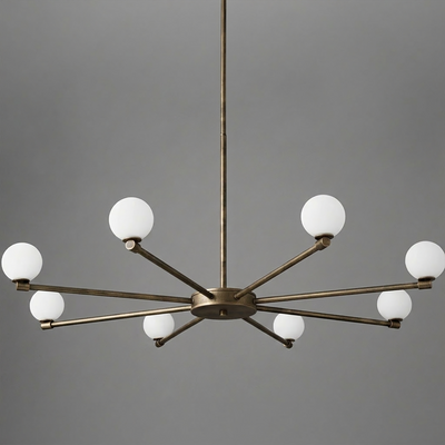 Brushed brass chandelier with 10 white globe bulbs arranged in a symmetrical starburst design. - CHANDELIER MODEL NO. 3192