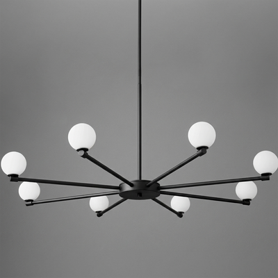 Black metal chandelier with nine white frosted globe bulbs arranged in a radial pattern. - CHANDELIER MODEL NO. 3192