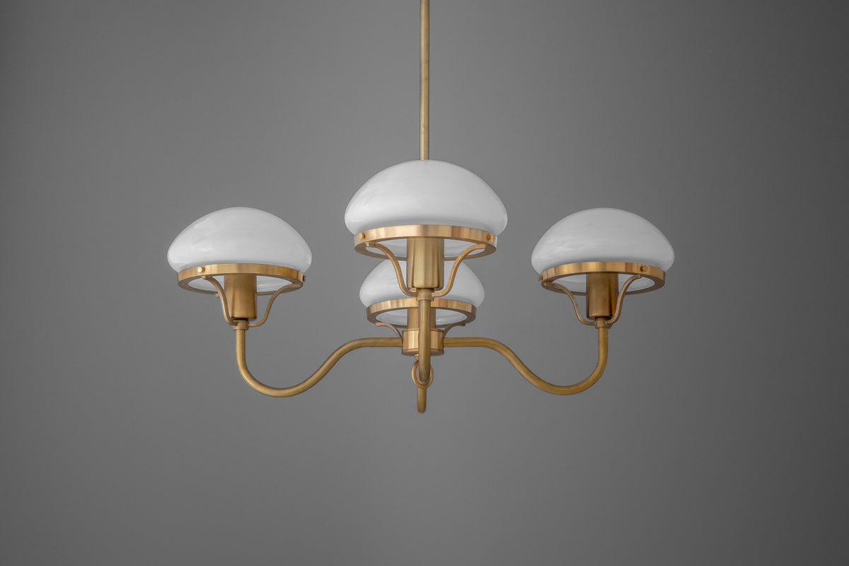 Brass chandelier with three white dome glass shades and curved arms on gray background. - CHANDELIER MODEL NO. 2136