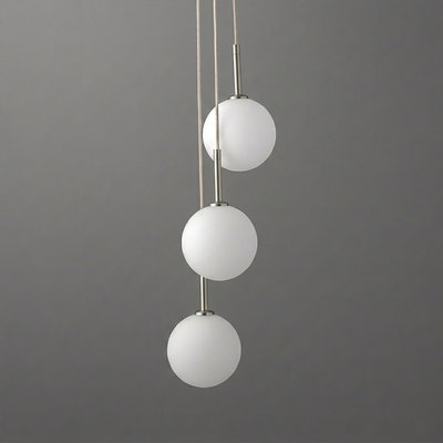 Modern chandelier with three white frosted glass globes suspended on slender metallic rods in a vertical arrangement. - CHANDELIER MODEL NO. 4701