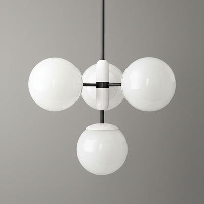 Art Deco chandelier with four white glass globes on black metal frame suspended from ceiling. - CHANDELIER MODEL NO. 4321