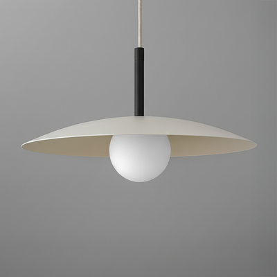 Minimalist white disc pendant light with a black stem and white cord against a gray background. - PENDANT MODEL NO. 5693