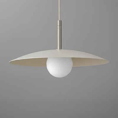 Minimal pendant light with a wide matte beige disc shade and a white globe bulb suspended by a slim metal rod. - PENDANT MODEL NO. 5693