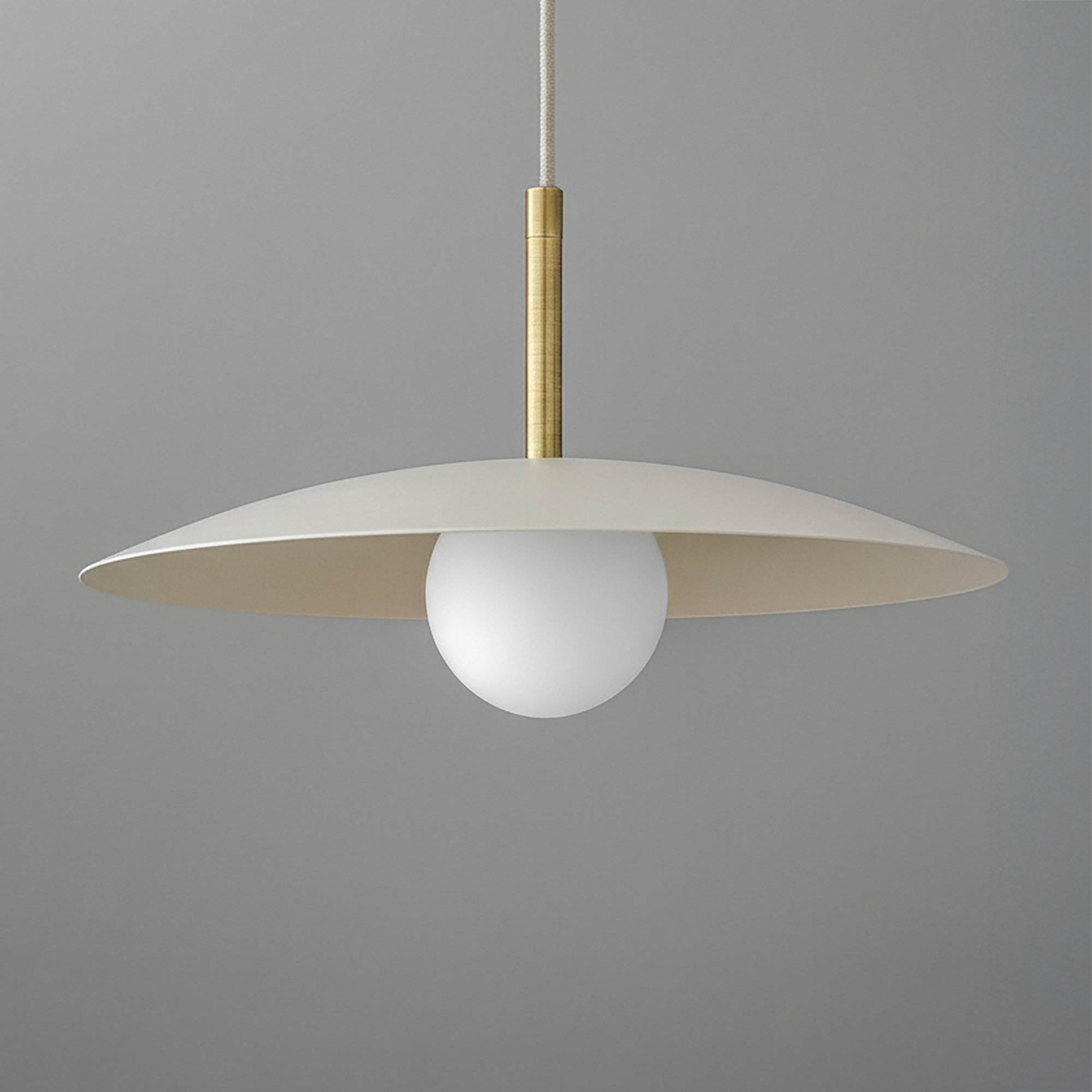 Pendant light with wide matte cream metal shade, round white globe bulb, and brass rod suspension. - PENDANT MODEL NO. 5693