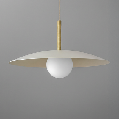 Pendant light with wide matte cream metal shade, round white globe bulb, and brass rod suspension. - PENDANT MODEL NO. 5693