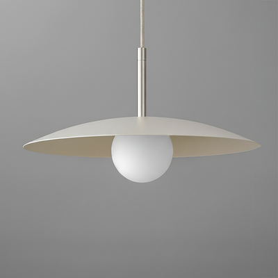 Modern pendant light with a wide, flat beige metal shade and a white globe bulb suspended from a slender metallic fixture. - PENDANT MODEL NO. 5693
