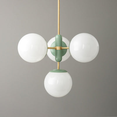 Sealed brass Art Deco chandelier with three white glass globes and green accents. - CHANDELIER MODEL NO. 4321