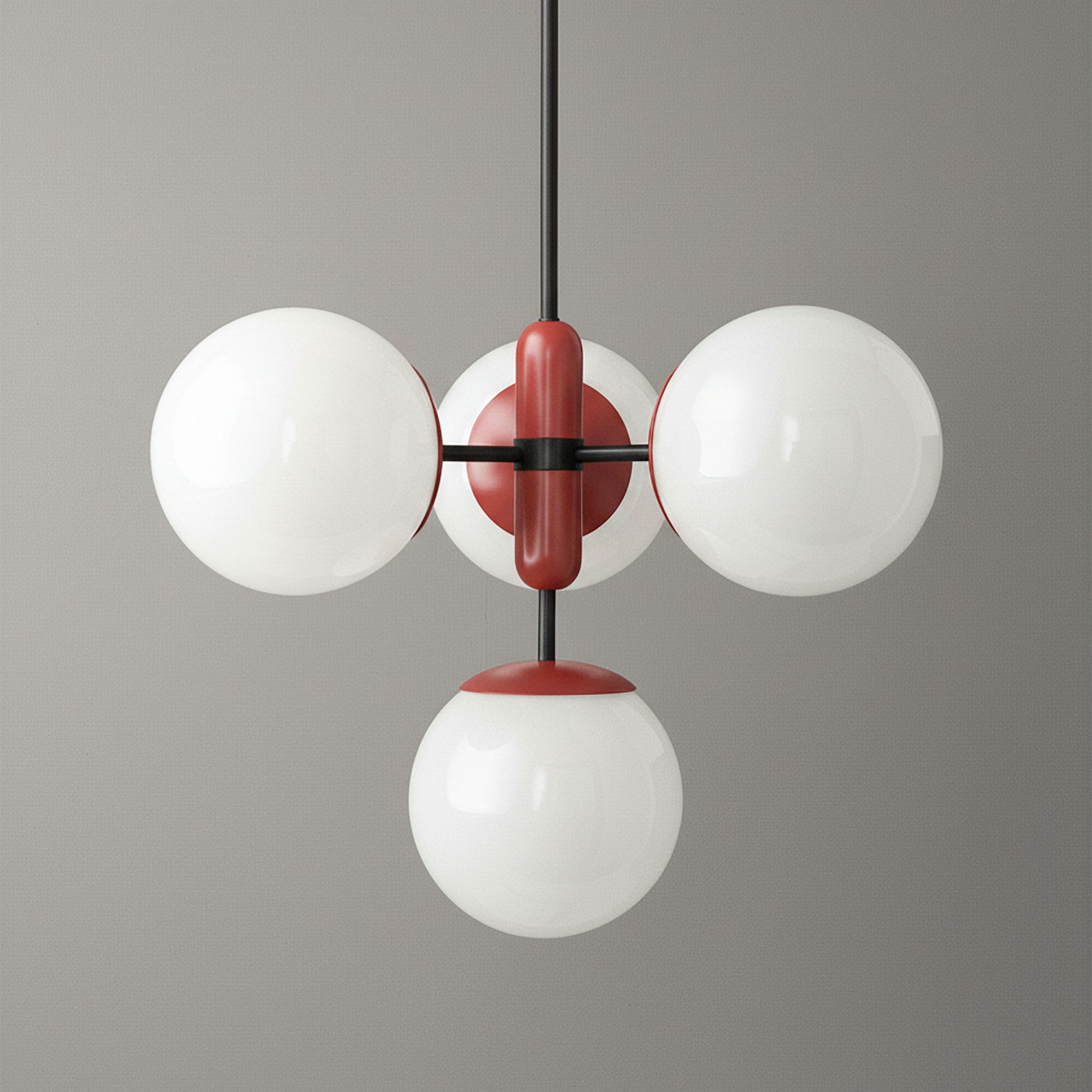 Art Deco chandelier with three white glass globes and a red metal central fixture suspended by a black rod. - CHANDELIER MODEL NO. 4321