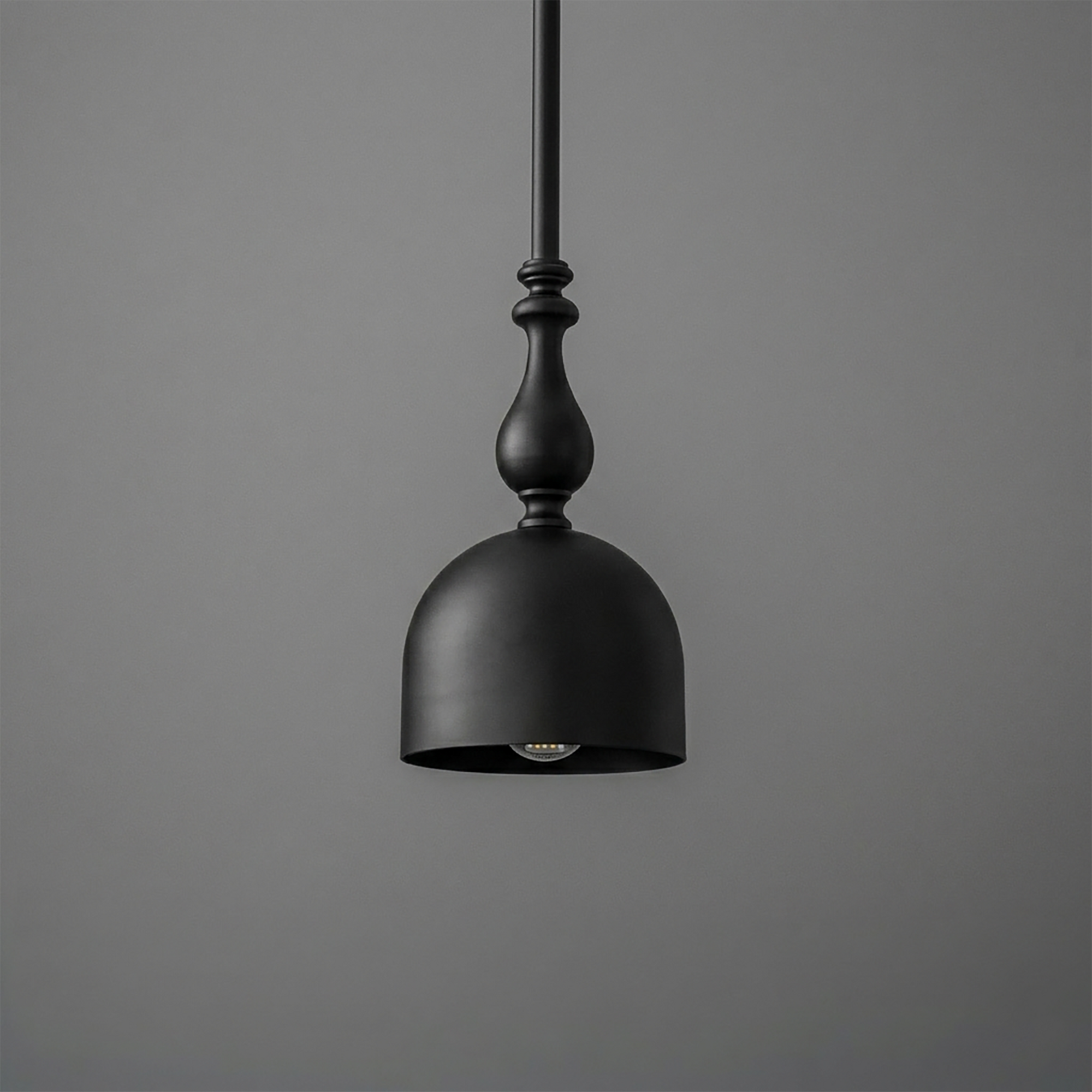 Matte black metal pendant light with deep dome-shaped shade and decorative stem. - PENDANT MODEL N0. 6780