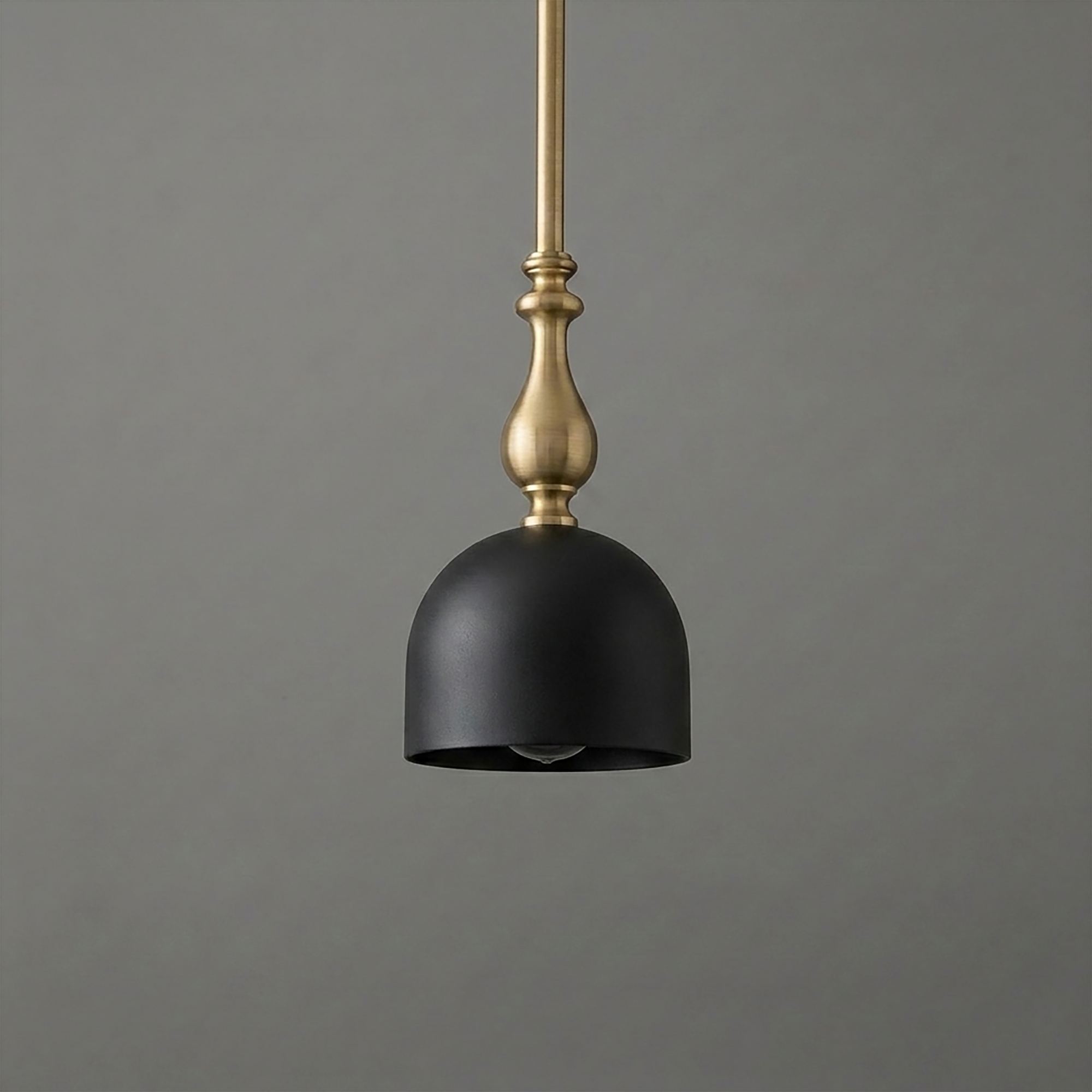Matte black dome pendant light with brass rod and decorative brass fitting. - PENDANT MODEL N0. 6780