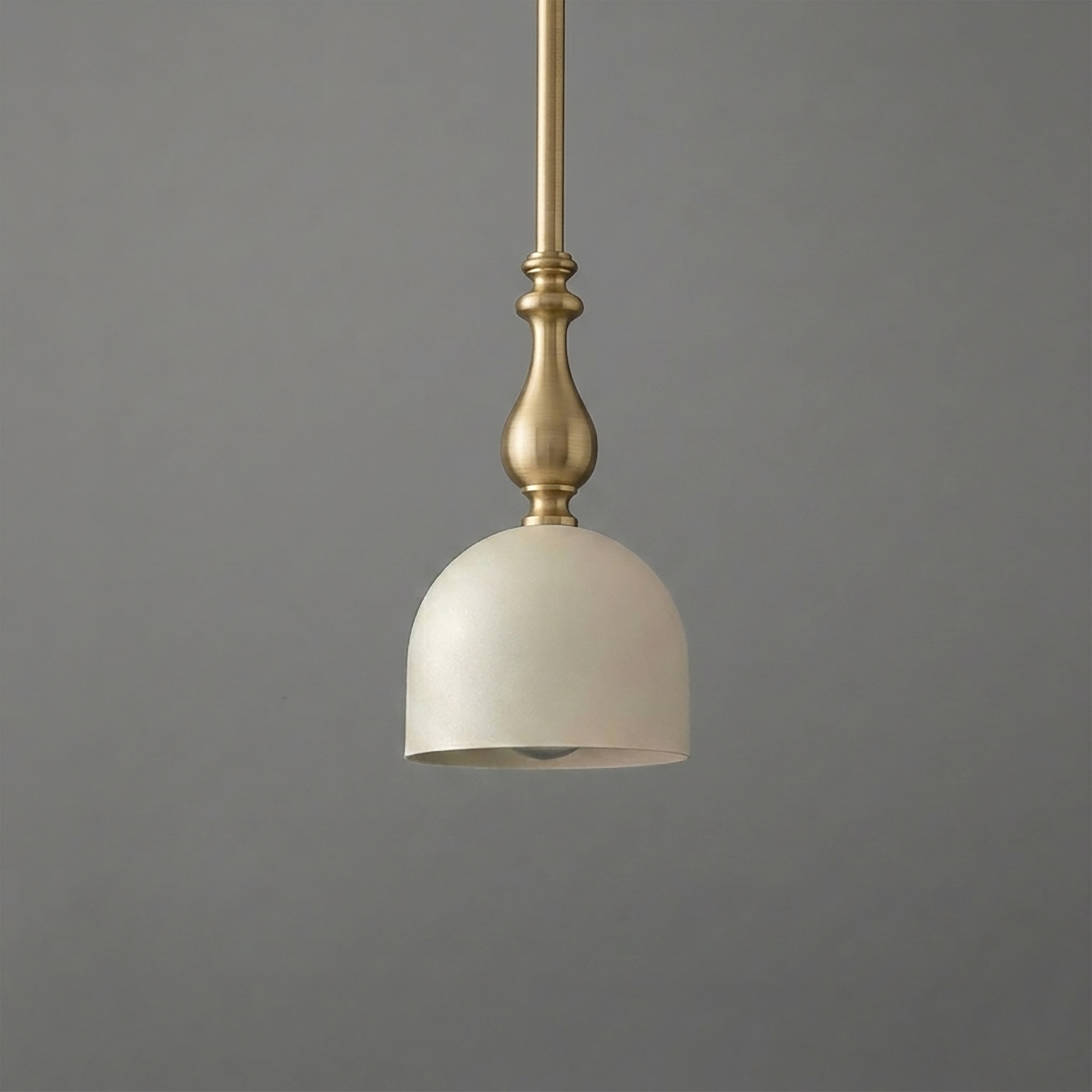 Matte white deep bell-shaped pendant light with brushed brass fixture and slender rod suspension. - PENDANT MODEL N0. 6780