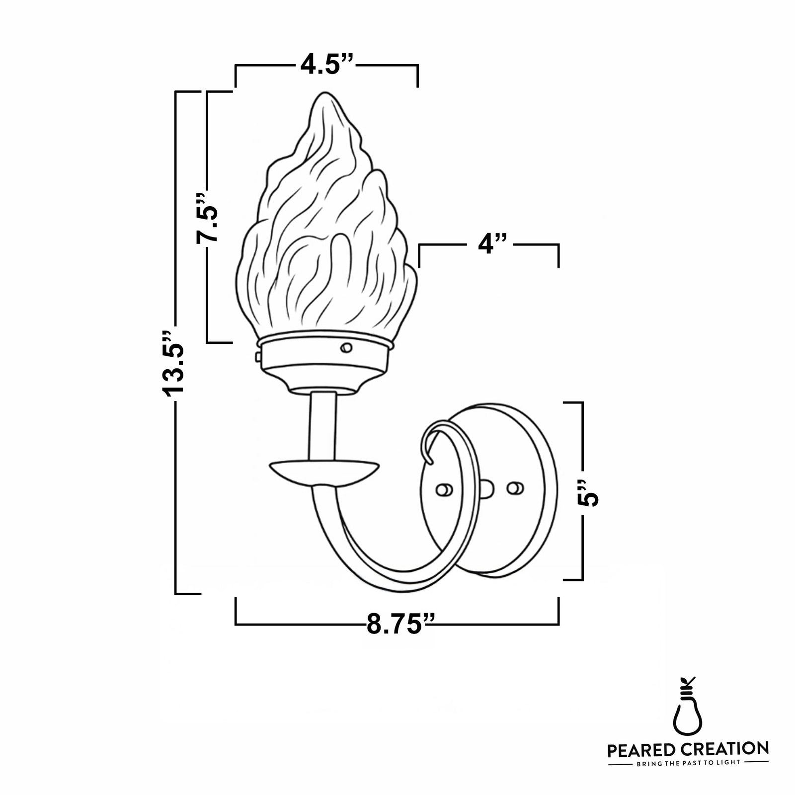 Wall sconce with flame-shaped frosted glass shade, curved metal arm, and round mounting plate in black finish. - SCONCE MODEL NO. 1057