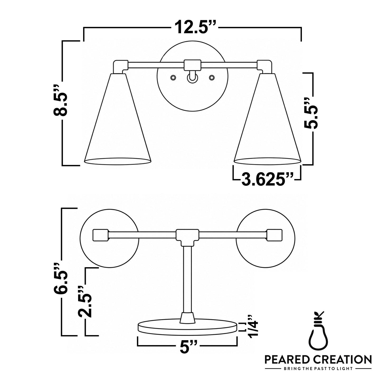 Vanity light dimensions: 12.5 in wide, 8.5 in tall, 6.5 in deep. - VANITY LIGHT MODEL NO. 1184