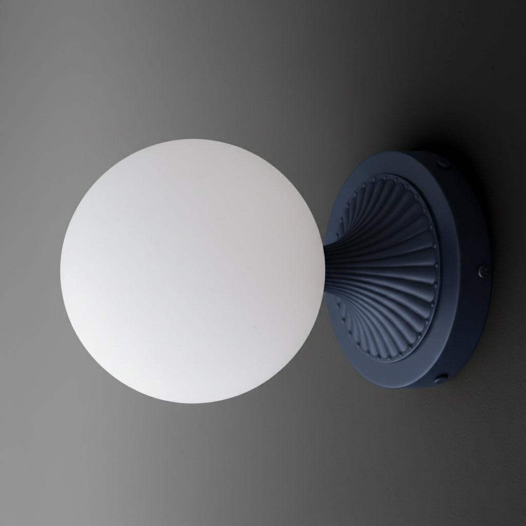 Matte black metal wall sconce with ribbed circular base and frosted white glass globe shade. - SCONCE MODEL NO. 5936