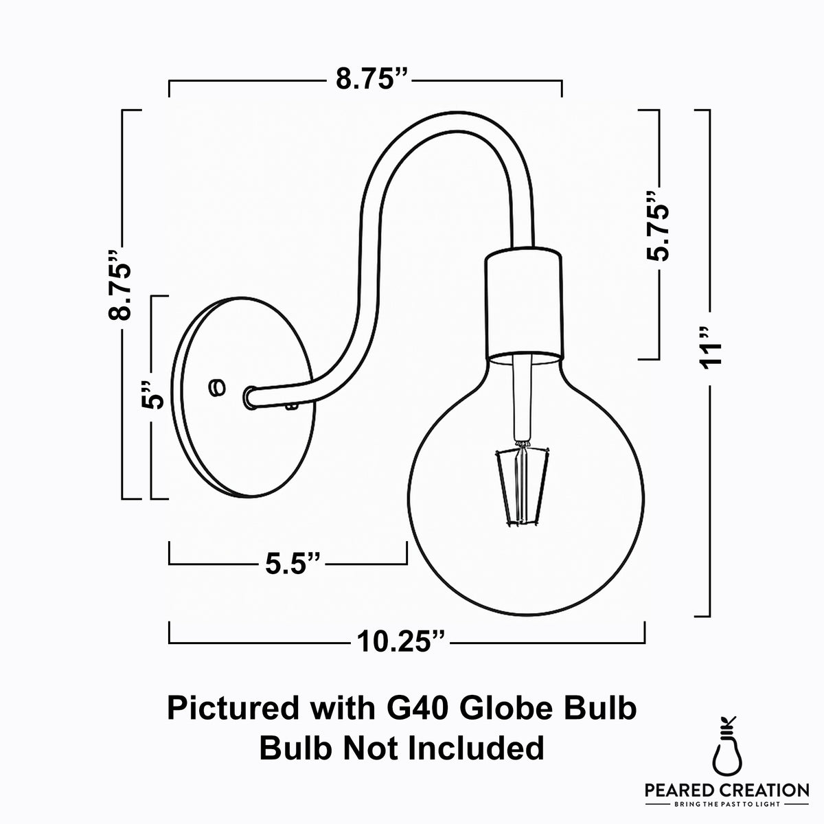 Black metal wall sconce with curved arm and exposed G40 globe bulb socket. - SCONCE MODEL NO. 4753