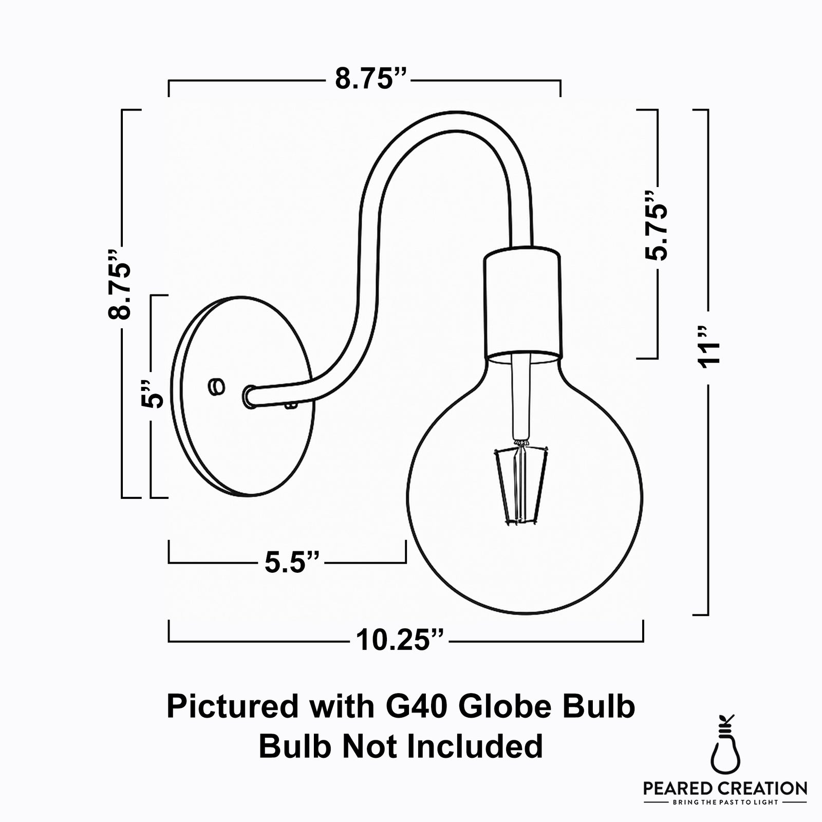 Black metal wall sconce with curved arm and exposed G40 globe bulb socket. - SCONCE MODEL NO. 4753