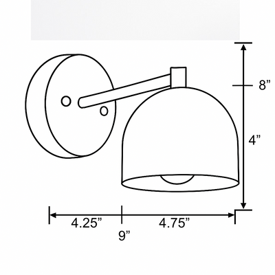 Antique brass wall sconce with rounded shade and exposed bulb, dimensions marked in black lines. - SCONCE MODEL NO. 3622