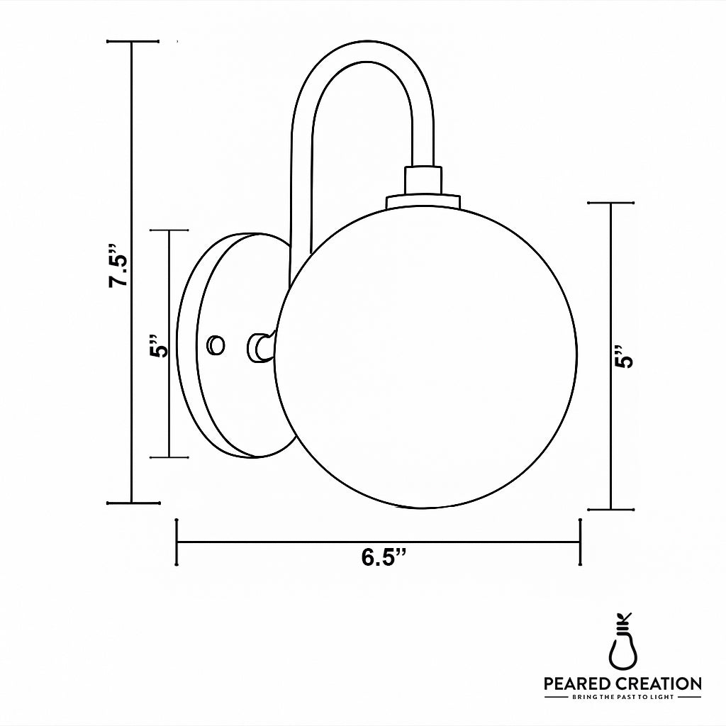 Wall sconce with round globe shade and curved arm mounting on circular backplate, dimensions shown. - SCONCE MODEL NO. 8637