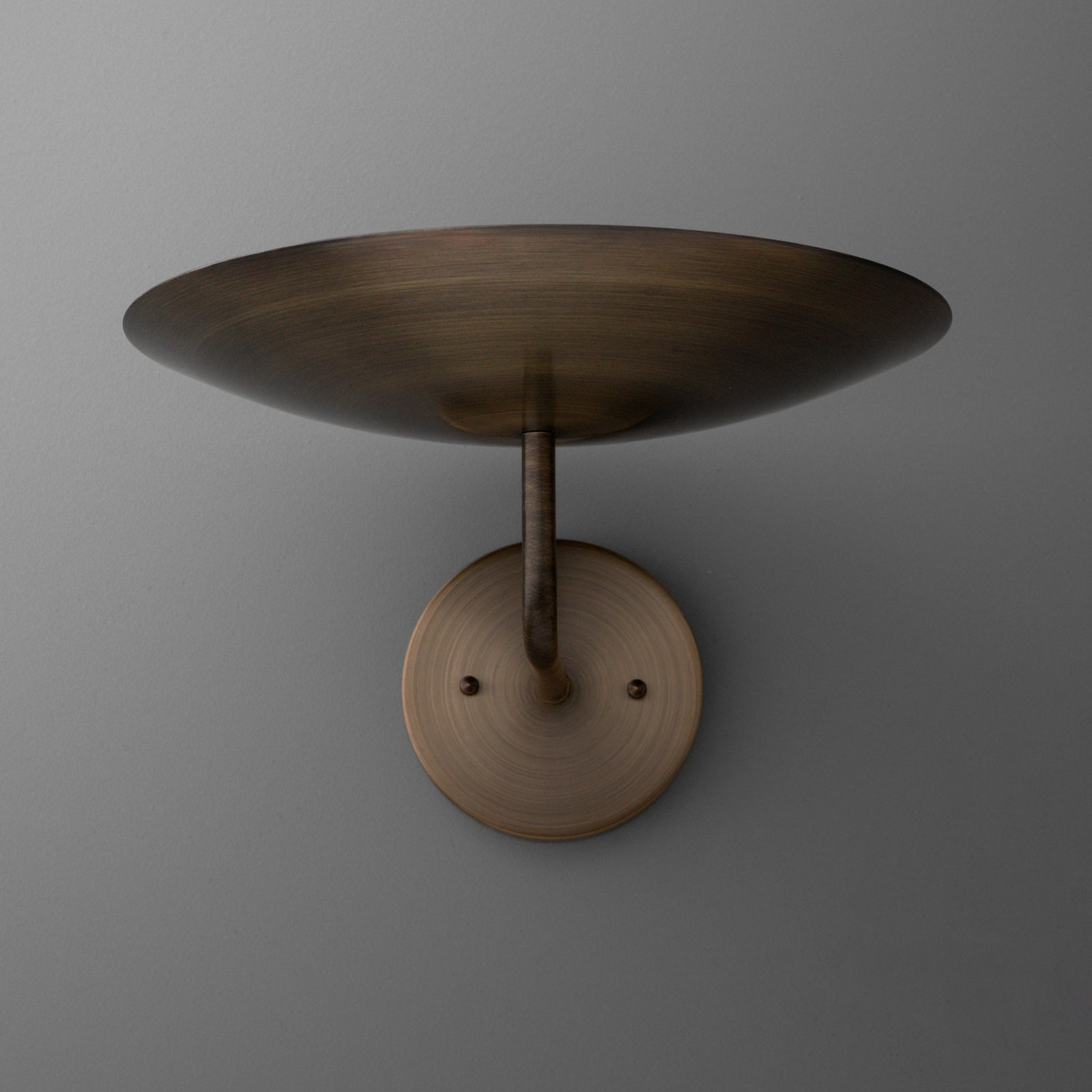 Wall-mounted sconce with three upward-facing bronze-finished metal shades and circular base. - SCONCE MODEL NO. 1504