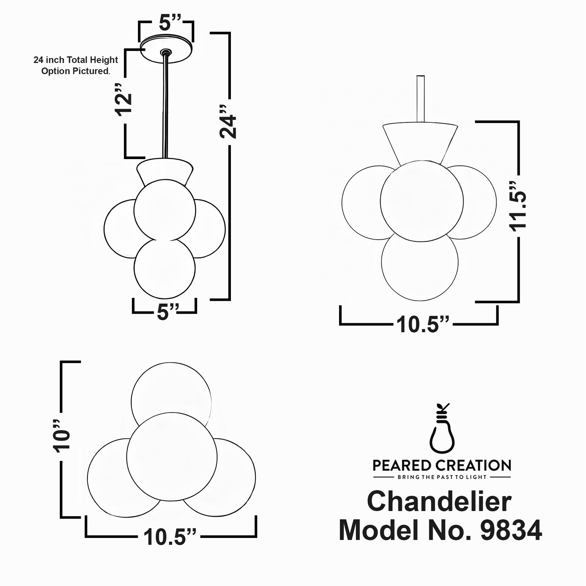 Green globe chandelier with five spheres, 24 inches total height, 10.5-inch width, modern minimalist design. - CHANDELIER MODEL NO. 9834