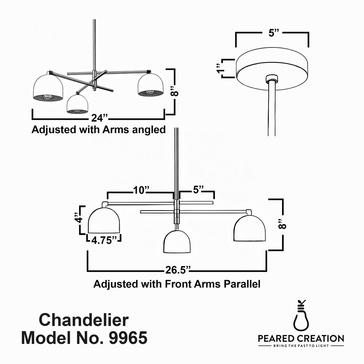 Industrial-style chandelier with three cream shades and adjustable brass arms, 26.5 inches wide. - CHANDELIER MODEL NO. 9965