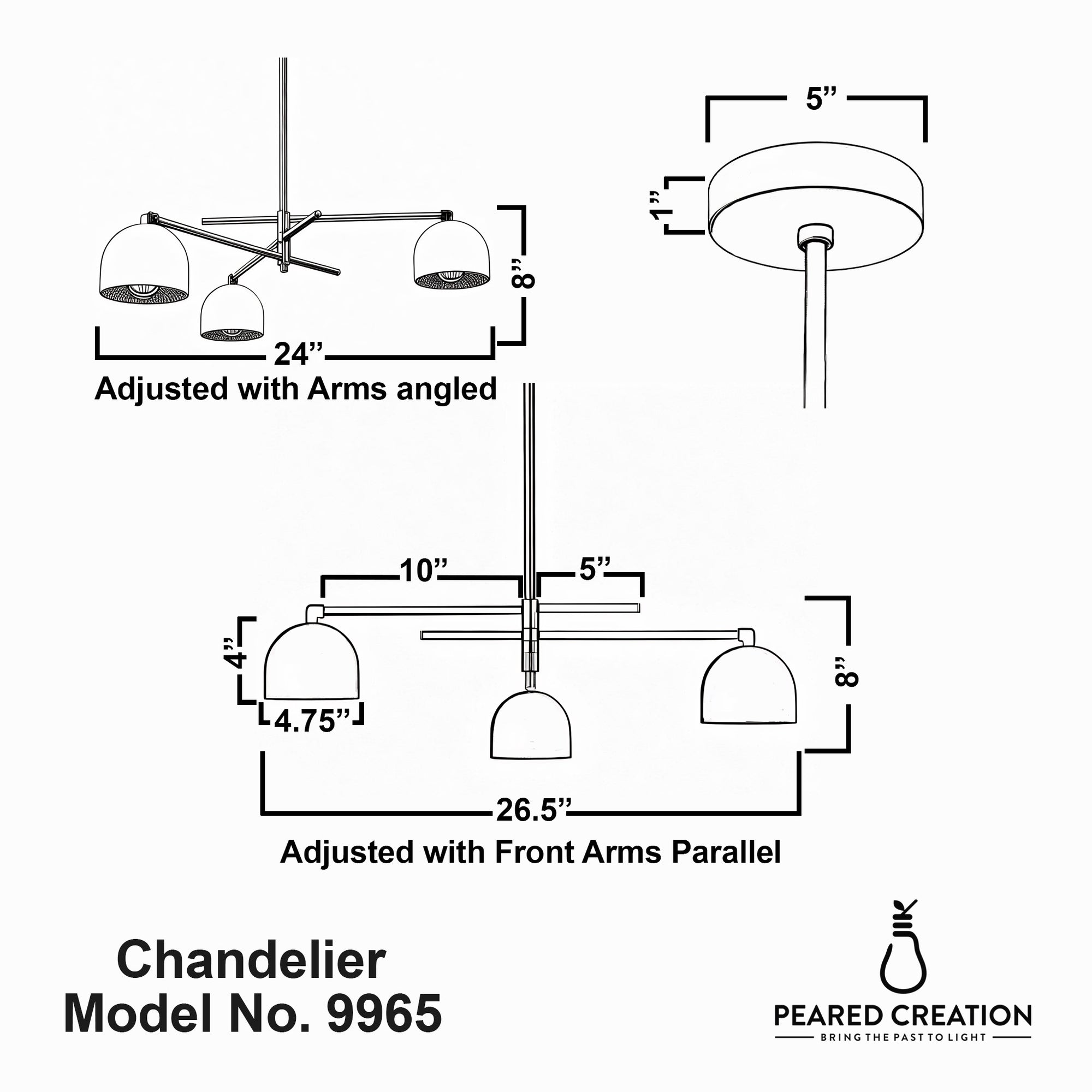 Industrial-style chandelier with three cream shades and adjustable brass arms, 26.5 inches wide. - CHANDELIER MODEL NO. 9965