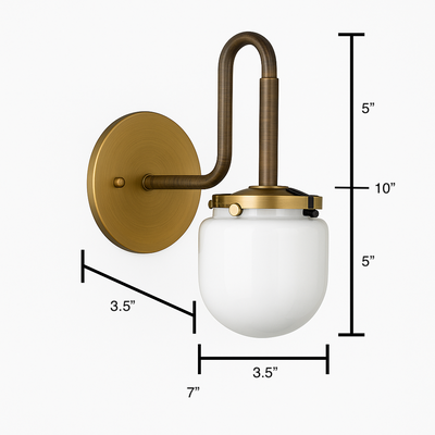 Wall sconce with antique brass finish, curved arm, and frosted white glass globe shade with rounded shape. - SCONCE MODEL NO. 2819