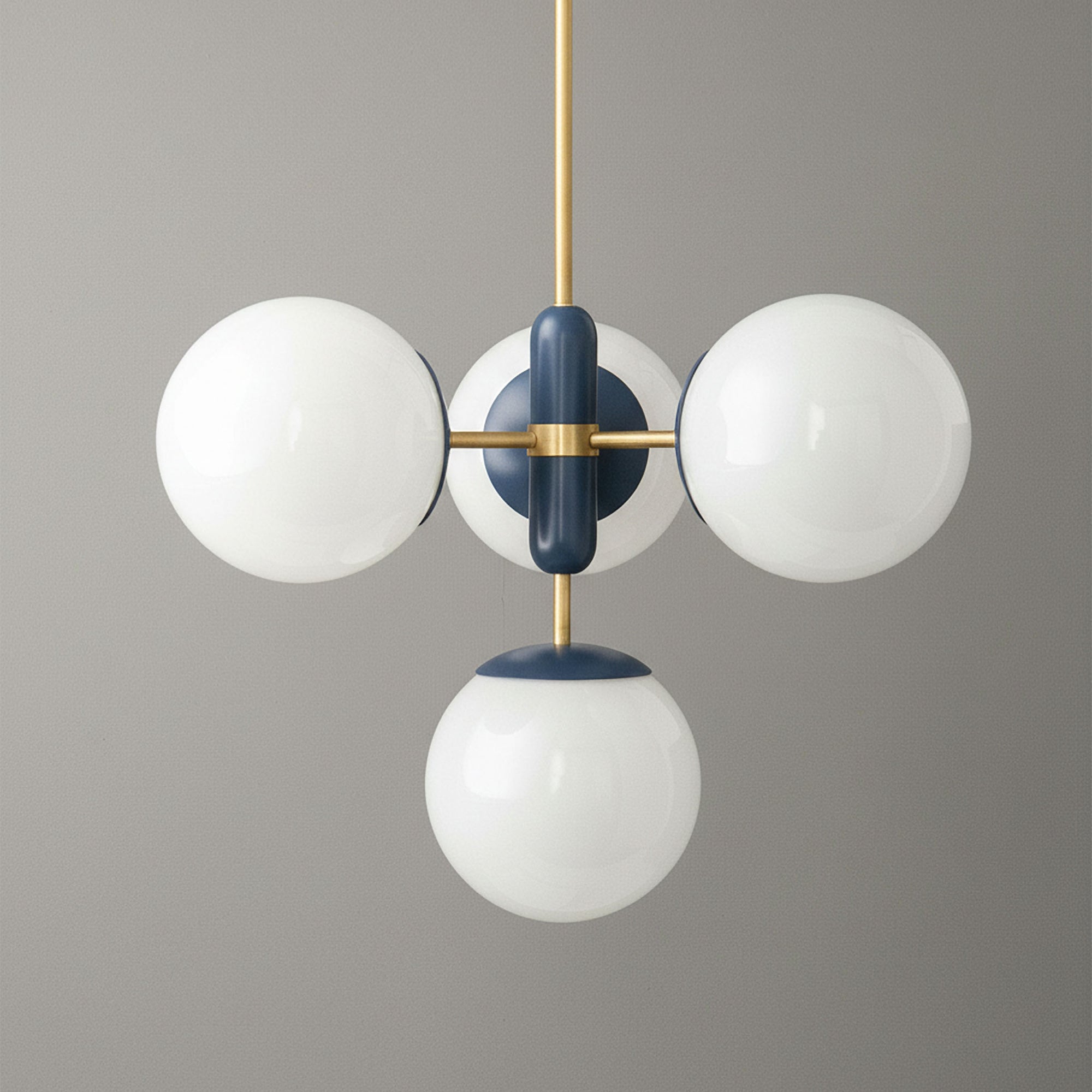 Art Deco chandelier with sealed brass and coal blue arms featuring four white glass globes. - CHANDELIER MODEL NO. 4321