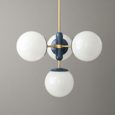 Art Deco chandelier with sealed brass and coal blue arms featuring four white glass globes. - CHANDELIER MODEL NO. 4321