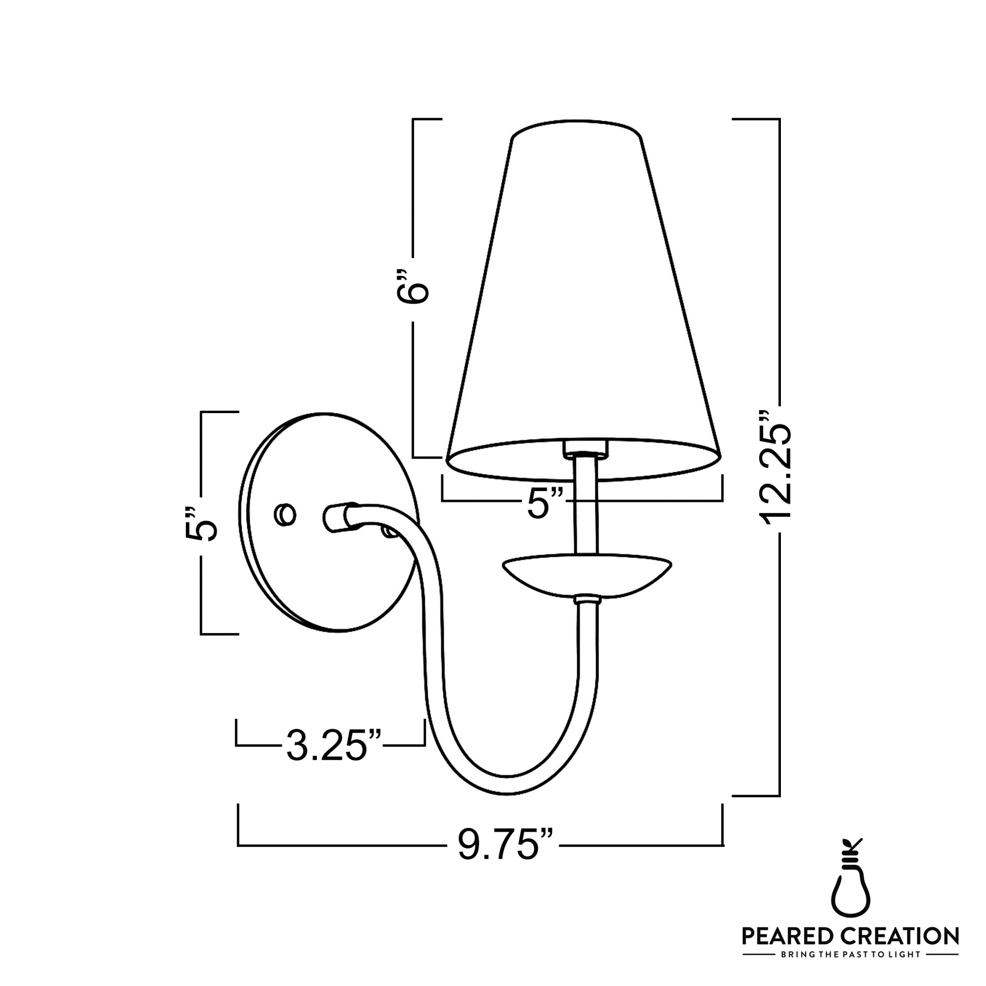 Wall sconce with curved arm, round backplate, and tapered lampshade measuring 12.25 inches tall. - SCONCE MODEL NO. 9867