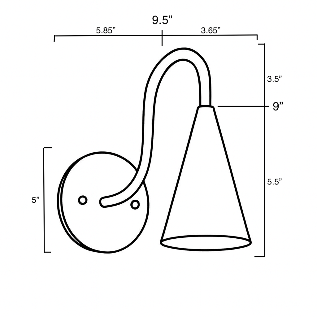 Black metal wall sconce with round base, curved arm, and conical shade with open bottom. - SCONCE MODEL NO. 3021